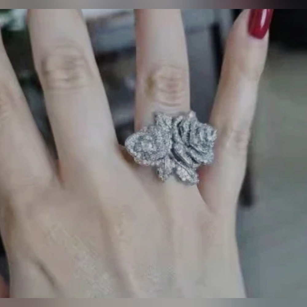 Silver Rose-Shaped Statement Ring With Pav-Cubic … - image 7